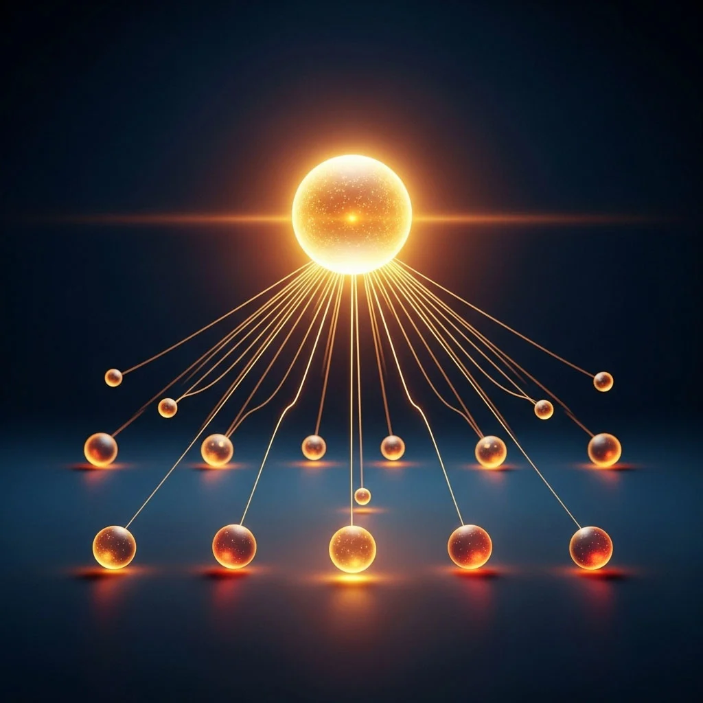 A parent sphere passing rays to child spheres, an analogy for subclassing a scikit-learn estimator