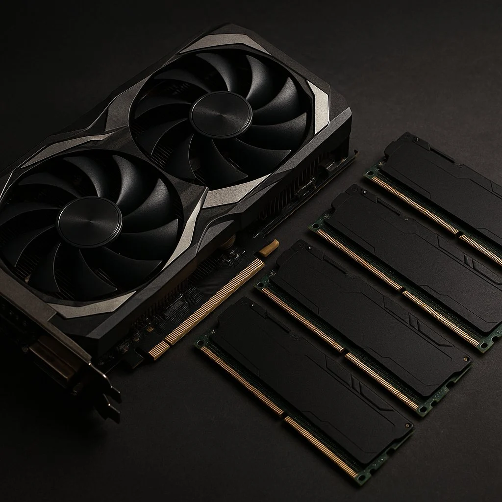 A graphics card beside four sticks of system RAM, the hardware behind why LLMs run faster on GPUs