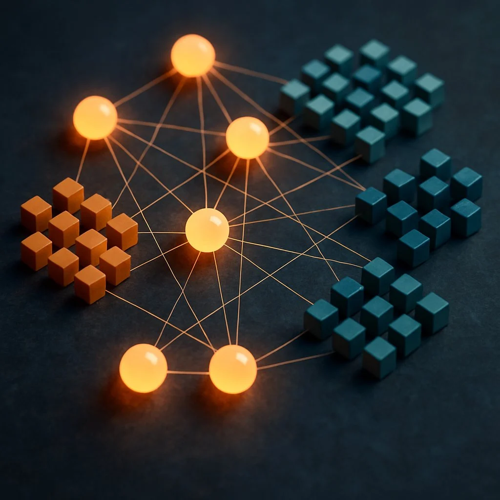 Illustration for the MLX vs GGUF comparison: glowing network nodes beside grids of quantized blocks